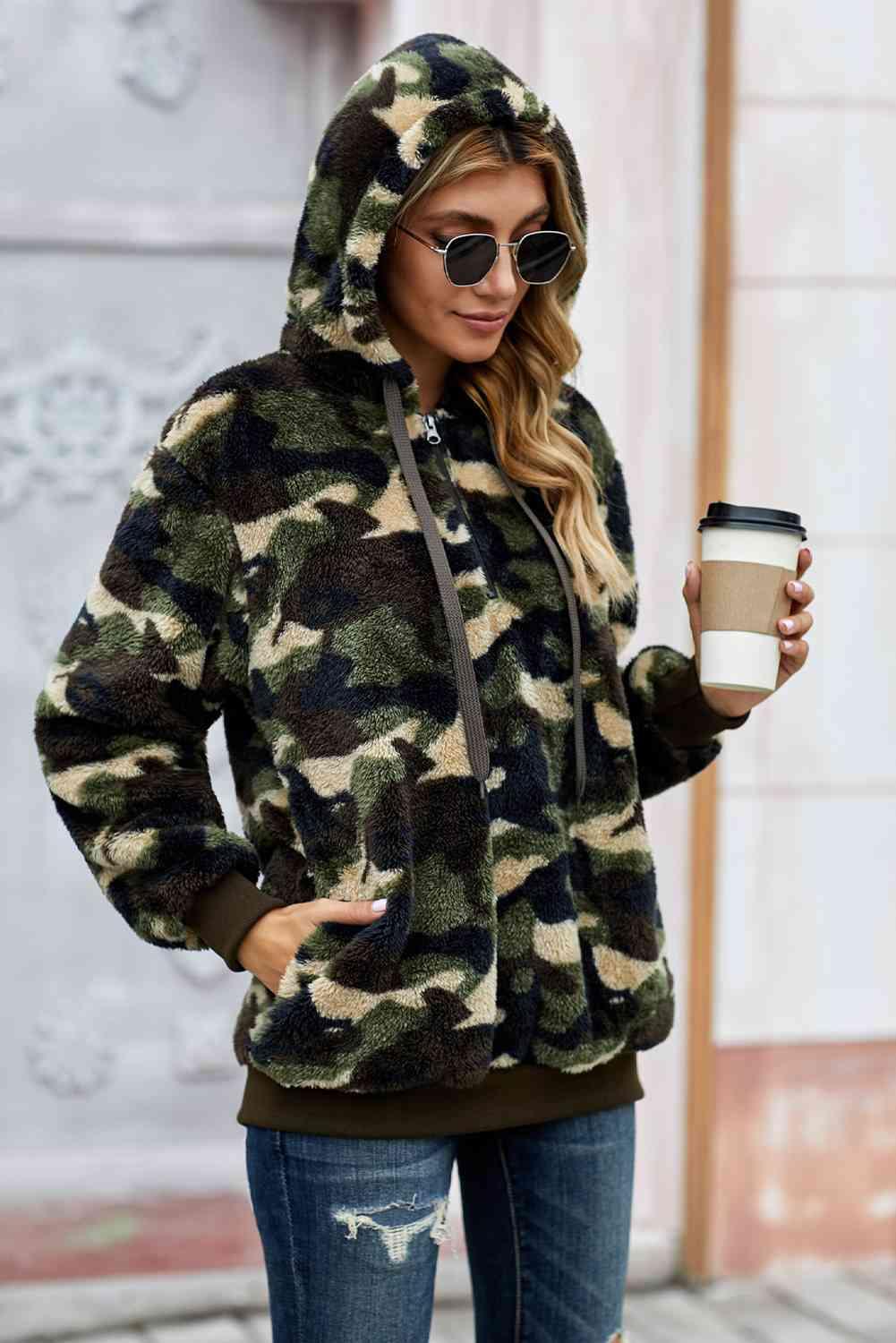 Camouflage Half Zip Fuzzy Hoodie - Immenzive