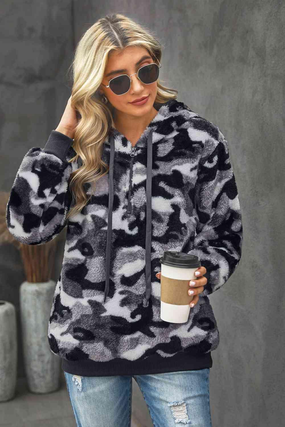 Camouflage Half Zip Fuzzy Hoodie - Immenzive
