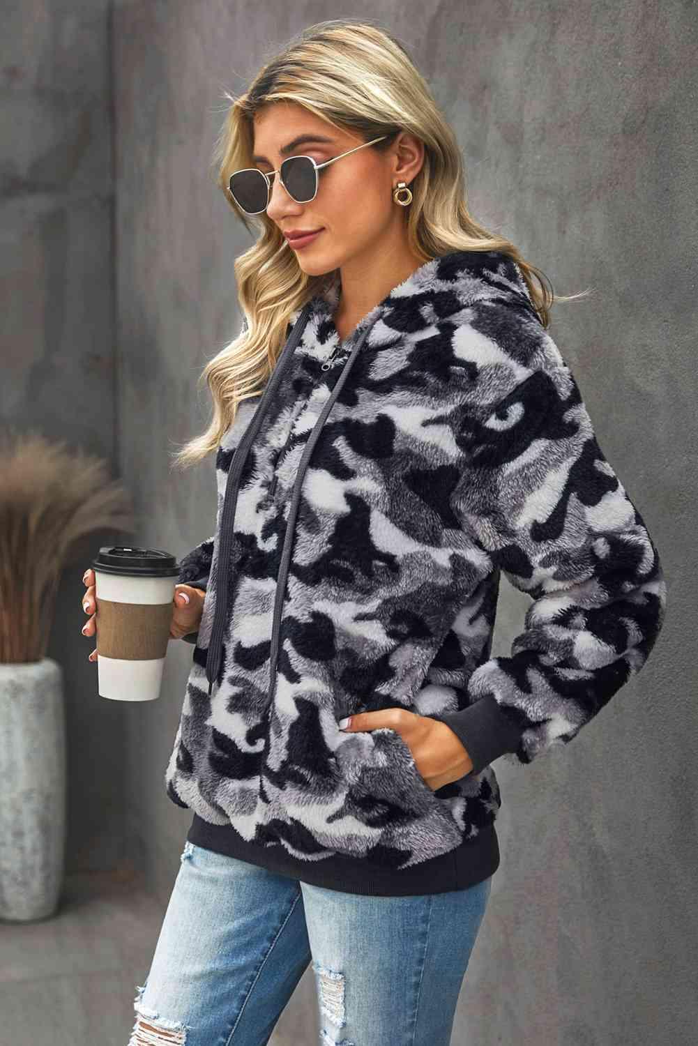Camouflage Half Zip Fuzzy Hoodie - Immenzive