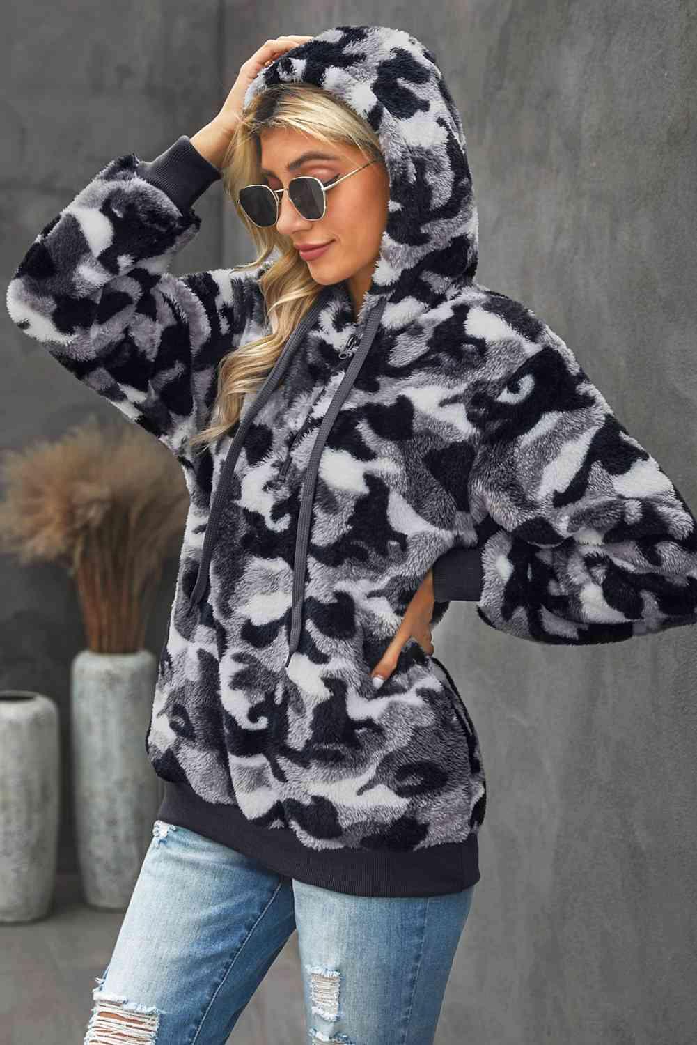 Camouflage Half Zip Fuzzy Hoodie - Immenzive