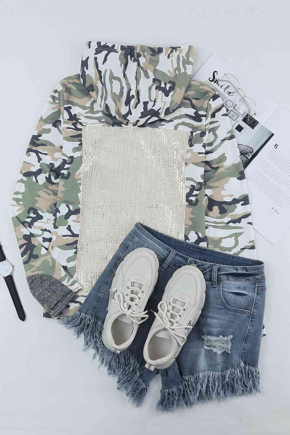 Camouflage Sequin Drawstring Hoodie - Immenzive
