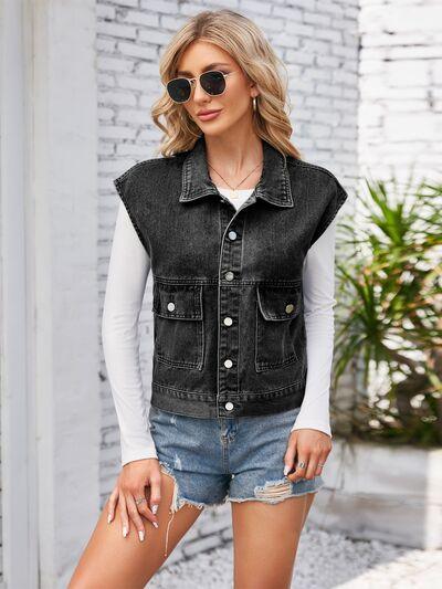 Cap Sleeve Denim Jacket with Pockets - Immenzive