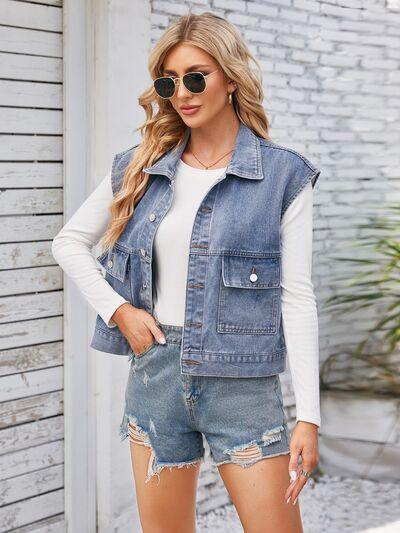 Cap Sleeve Denim Jacket with Pockets - Immenzive