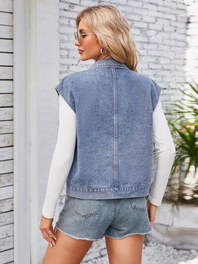 Cap Sleeve Denim Jacket with Pockets - Immenzive