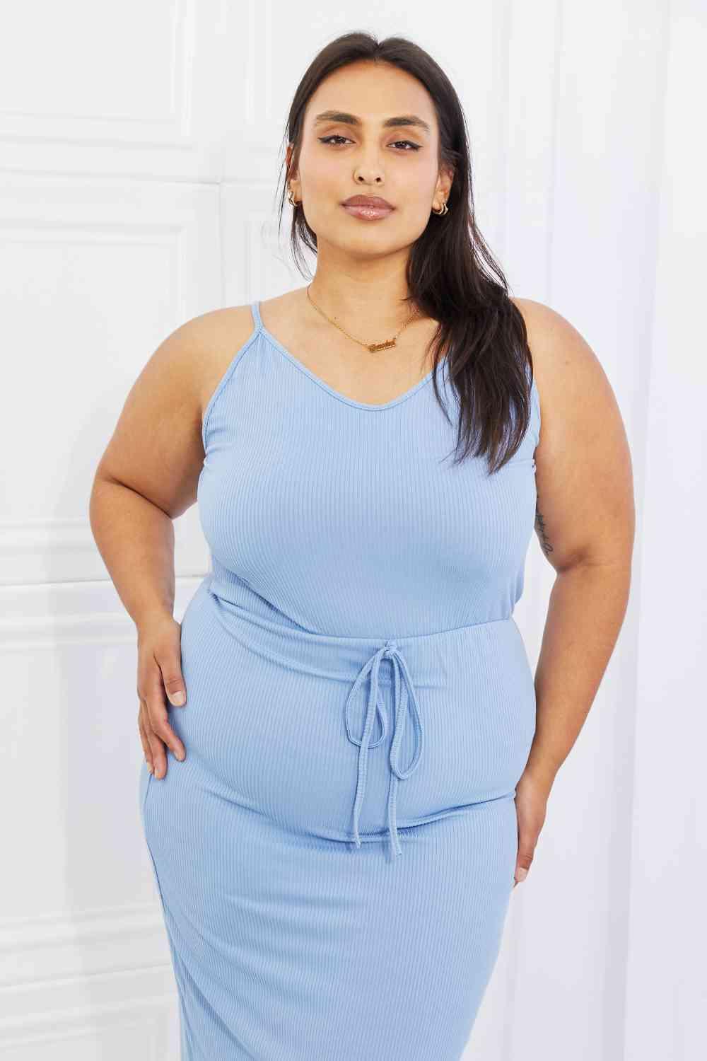 Capella Flatter Me Full Size Ribbed Front Tie Midi Dress in Pastel Blue - Immenzive