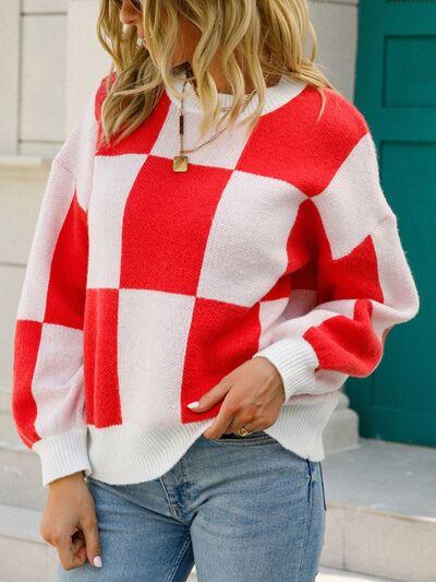 Checkered Round Neck Dropped Shoulder Sweater - Immenzive