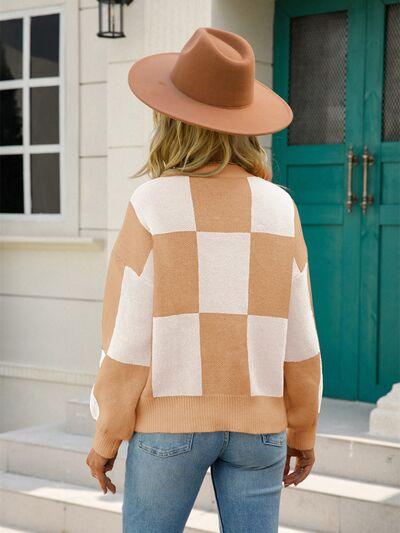 Checkered Round Neck Dropped Shoulder Sweater - Immenzive