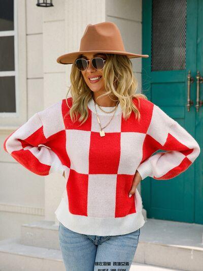 Checkered Round Neck Dropped Shoulder Sweater - Immenzive