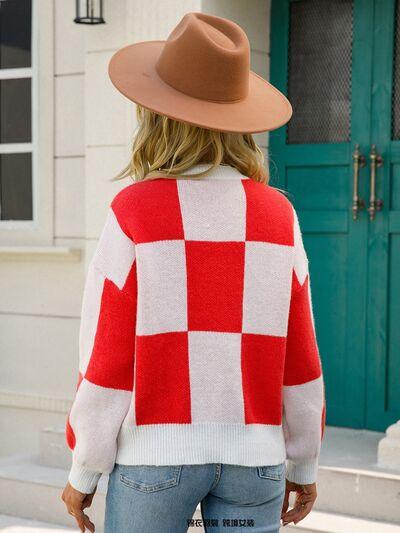 Checkered Round Neck Dropped Shoulder Sweater - Immenzive