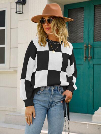 Checkered Round Neck Dropped Shoulder Sweater - Immenzive