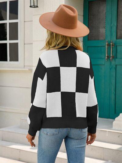 Checkered Round Neck Dropped Shoulder Sweater - Immenzive