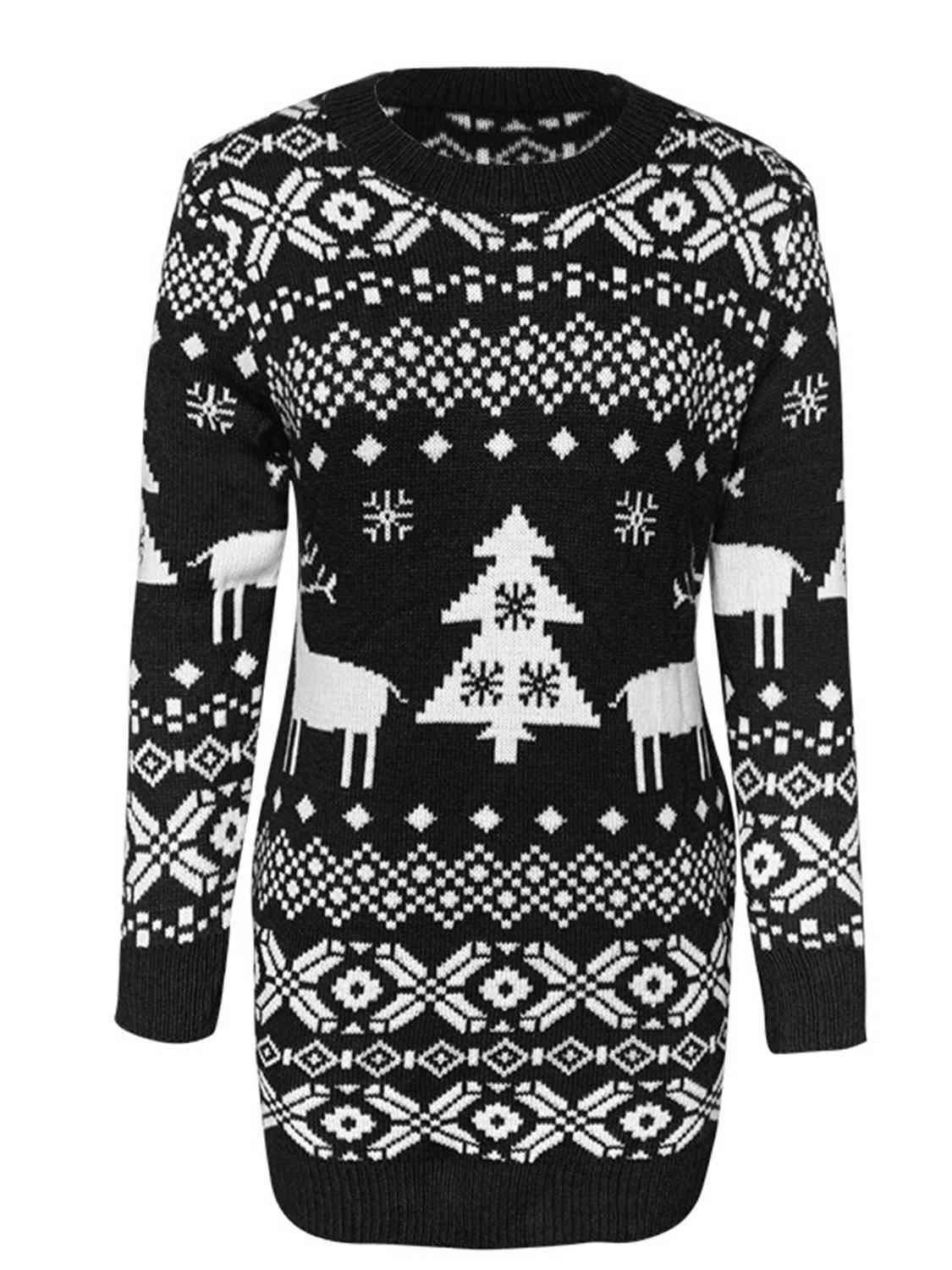 Christmas Element Round Neck Mini Sweater Dress - Immenzive