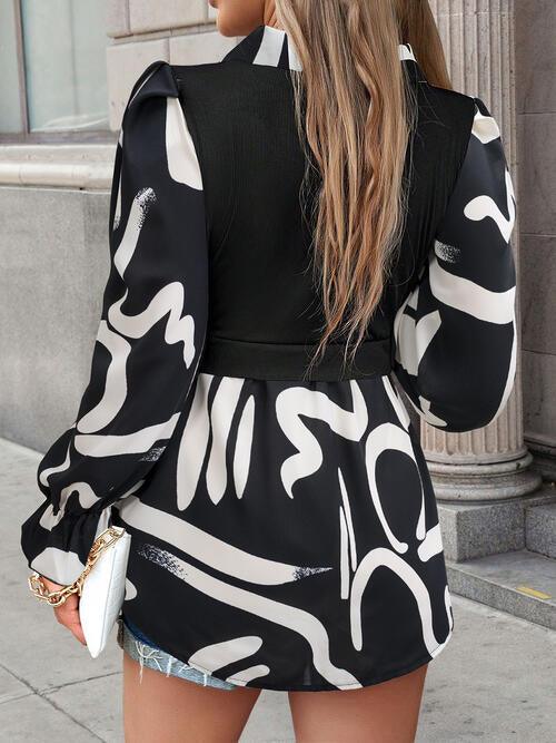 Collared Neck Black And White Color-Contrast Print Long Sleeve Shirt - Immenzive