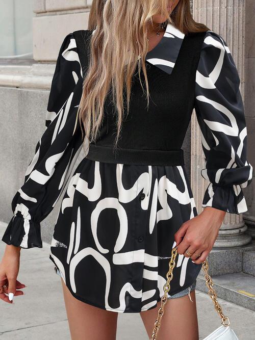Collared Neck Black And White Color-Contrast Print Long Sleeve Shirt - Immenzive