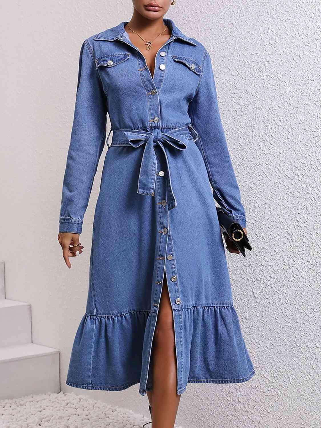 Collared Neck Button Down Denim Dress - Immenzive