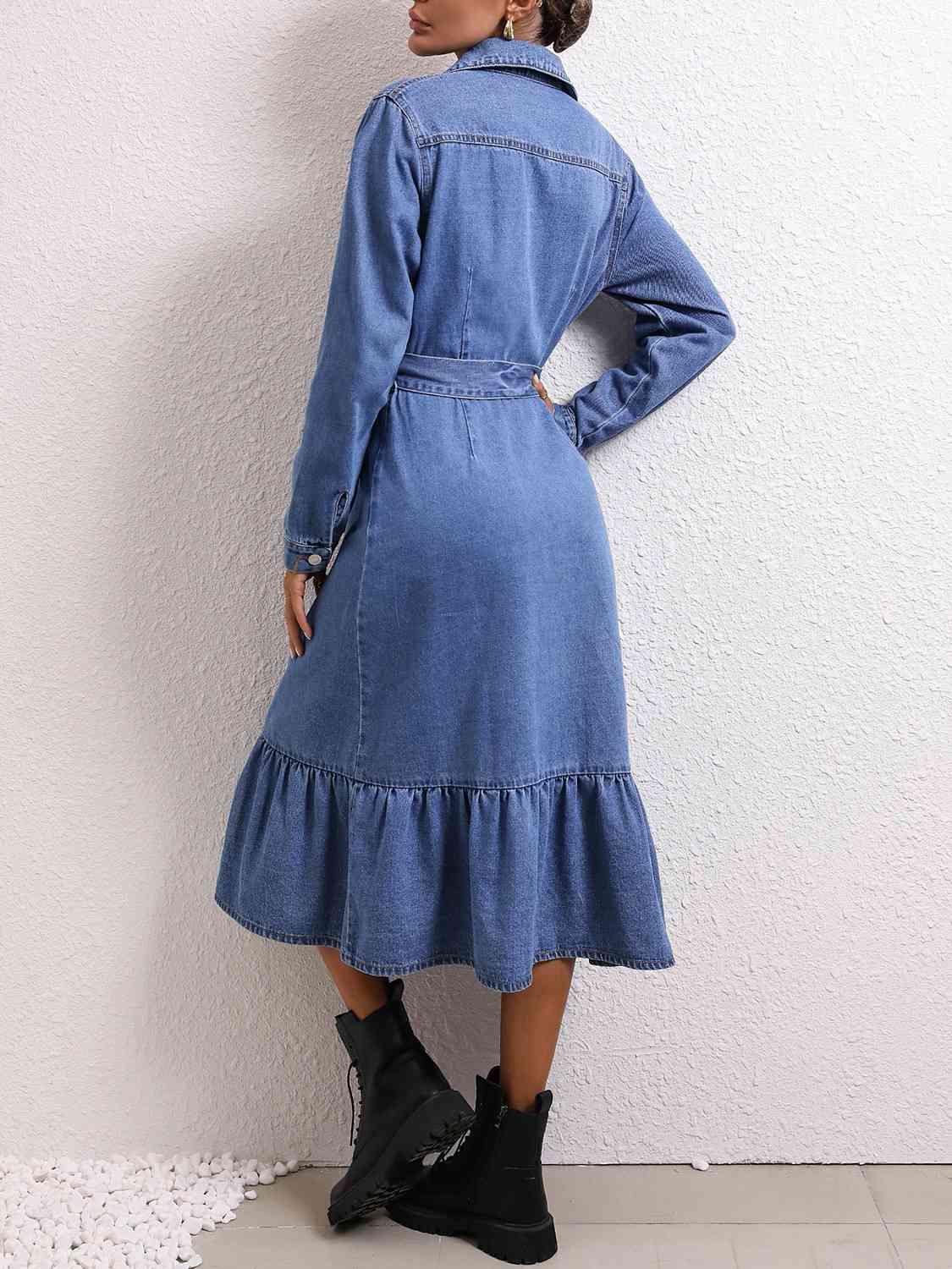 Collared Neck Button Down Denim Dress - Immenzive