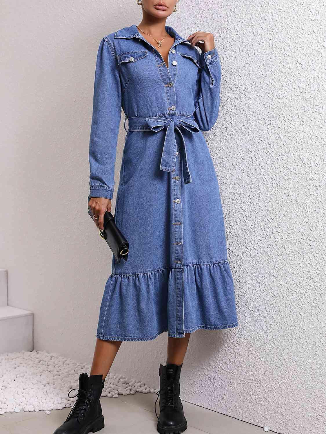 Collared Neck Button Down Denim Dress - Immenzive