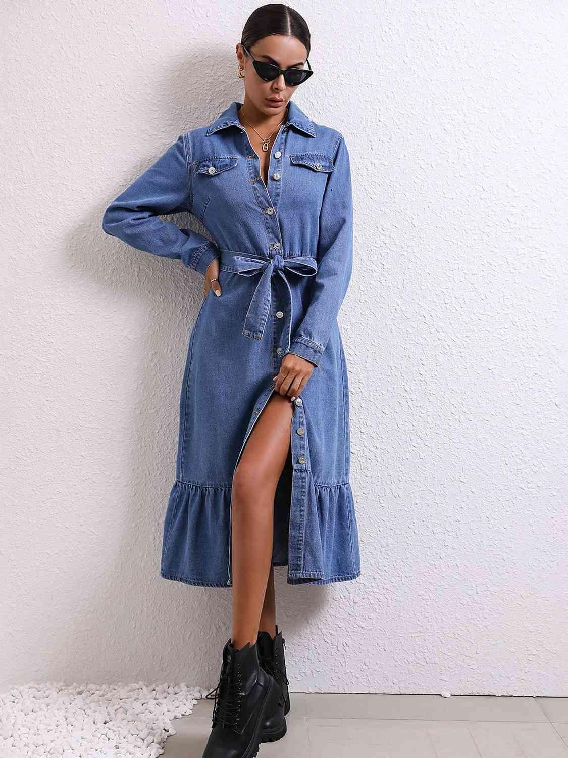 Collared Neck Button Down Denim Dress - Immenzive