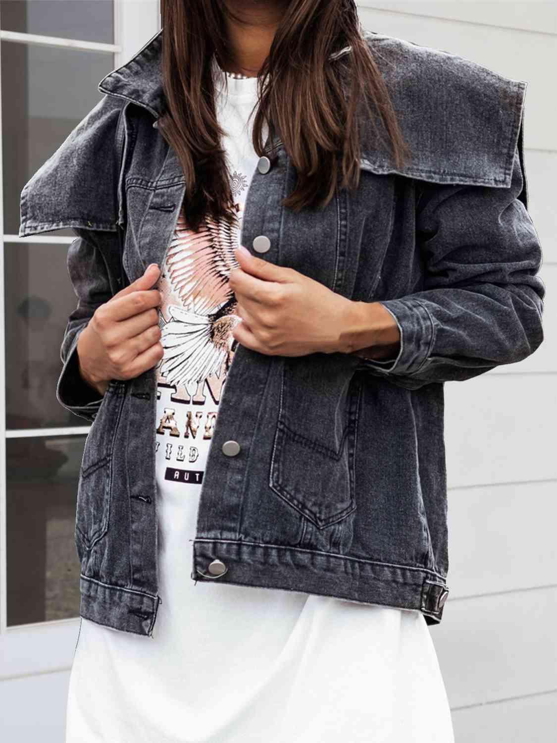 Collared Neck Button Down Denim Jacket - Immenzive