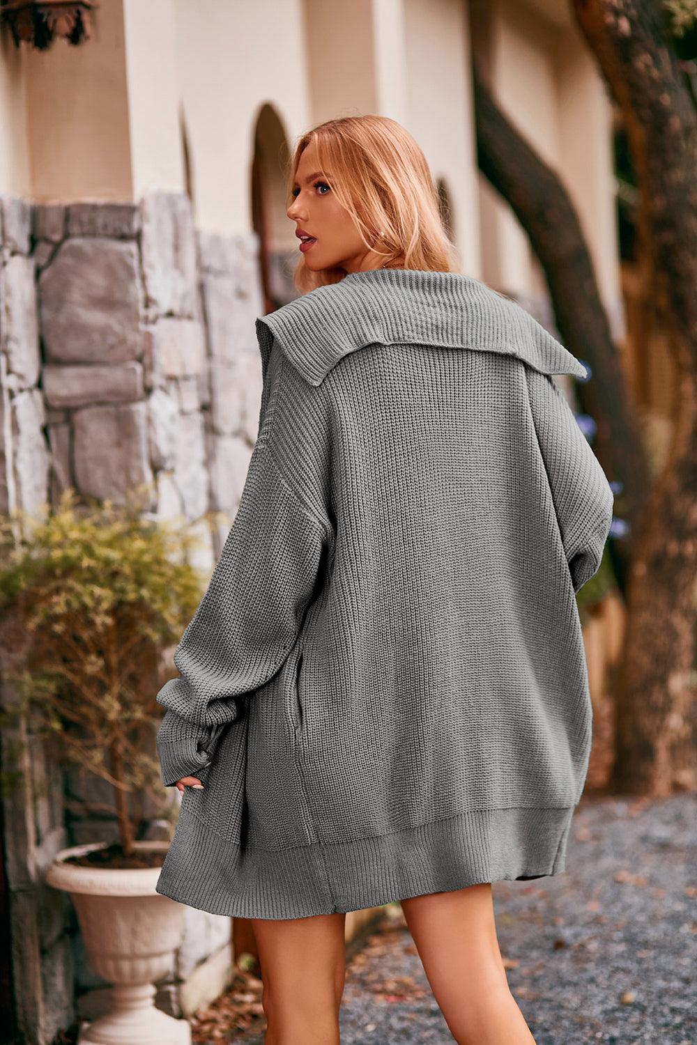 Collared Neck Button-Up Cardigan with Pockets - Immenzive
