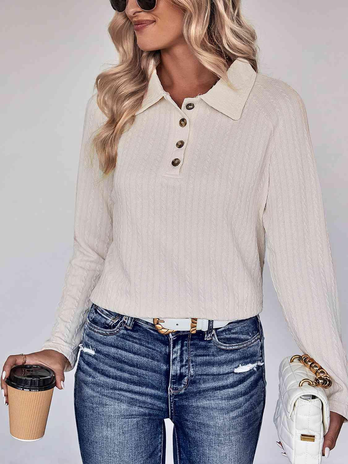 Collared Neck Buttoned Long Sleeve Top - Immenzive