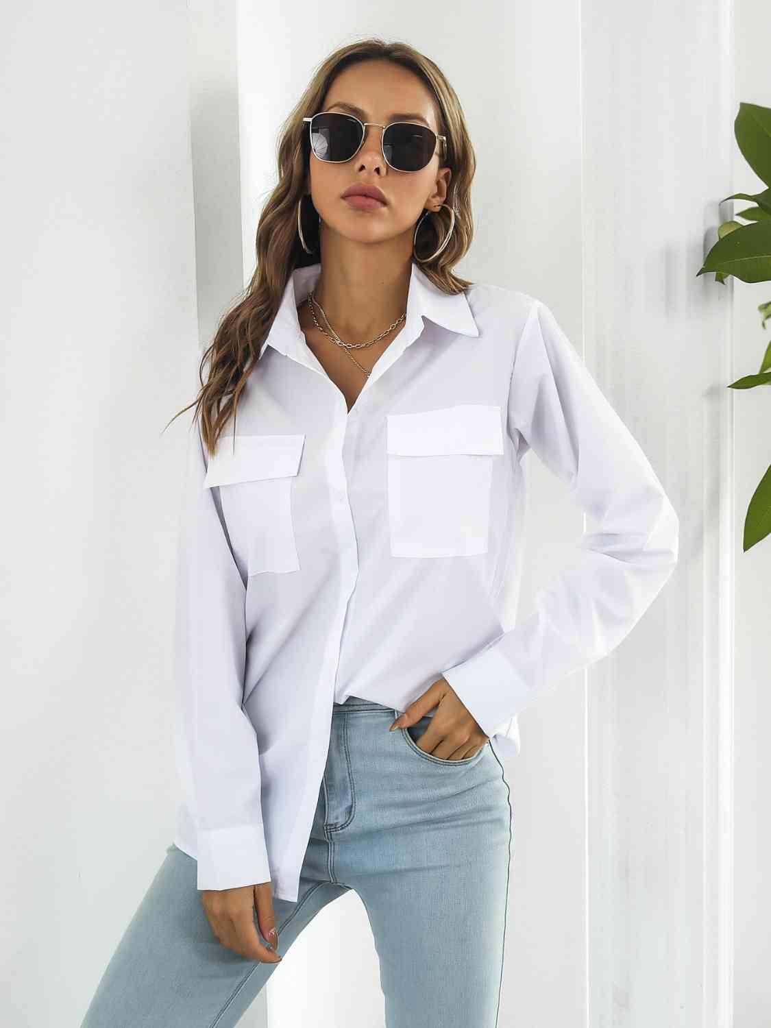 Collared Neck Buttoned Shirt with Pockets - Immenzive