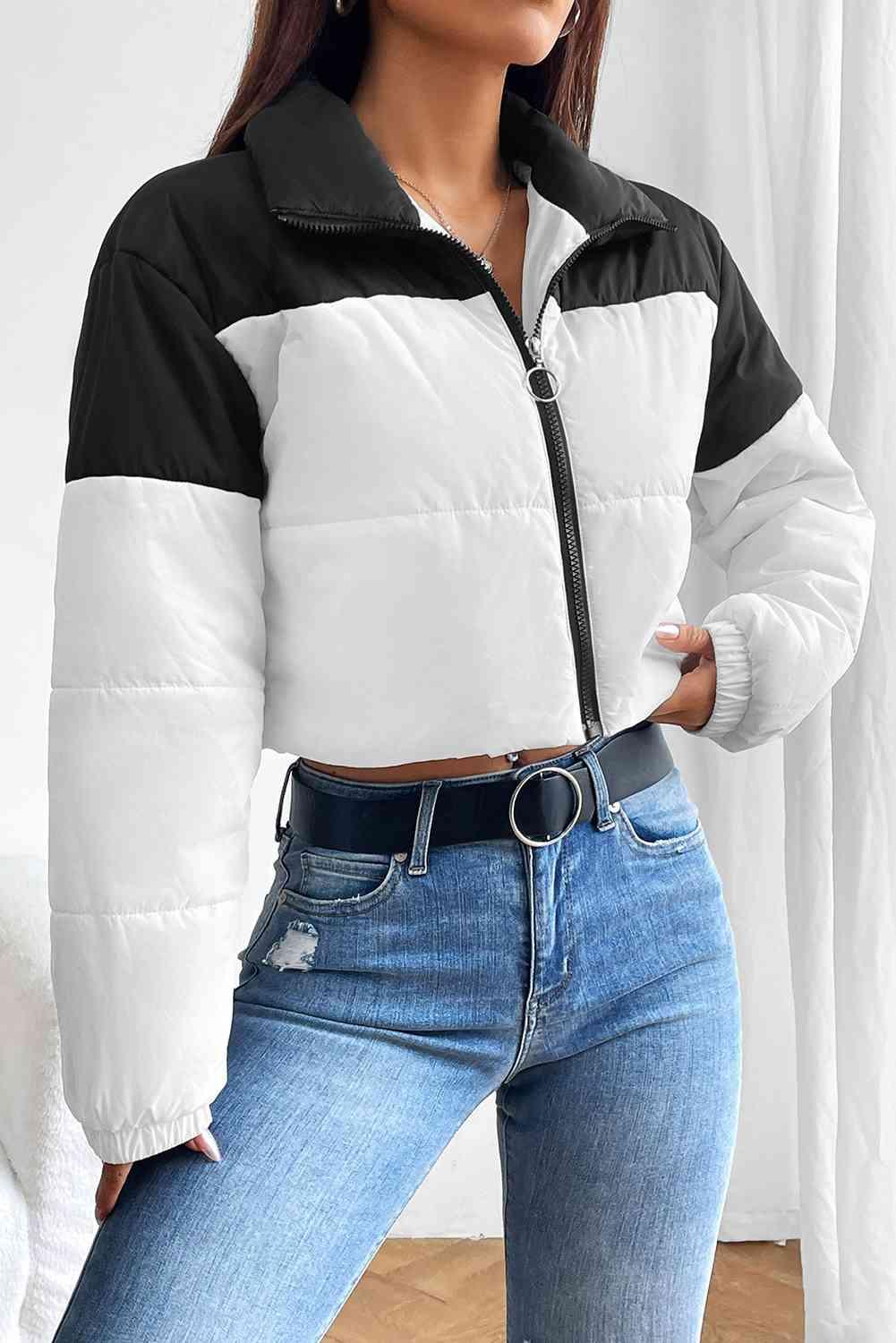 Collared Neck Color Block Puffer Jacket - Immenzive