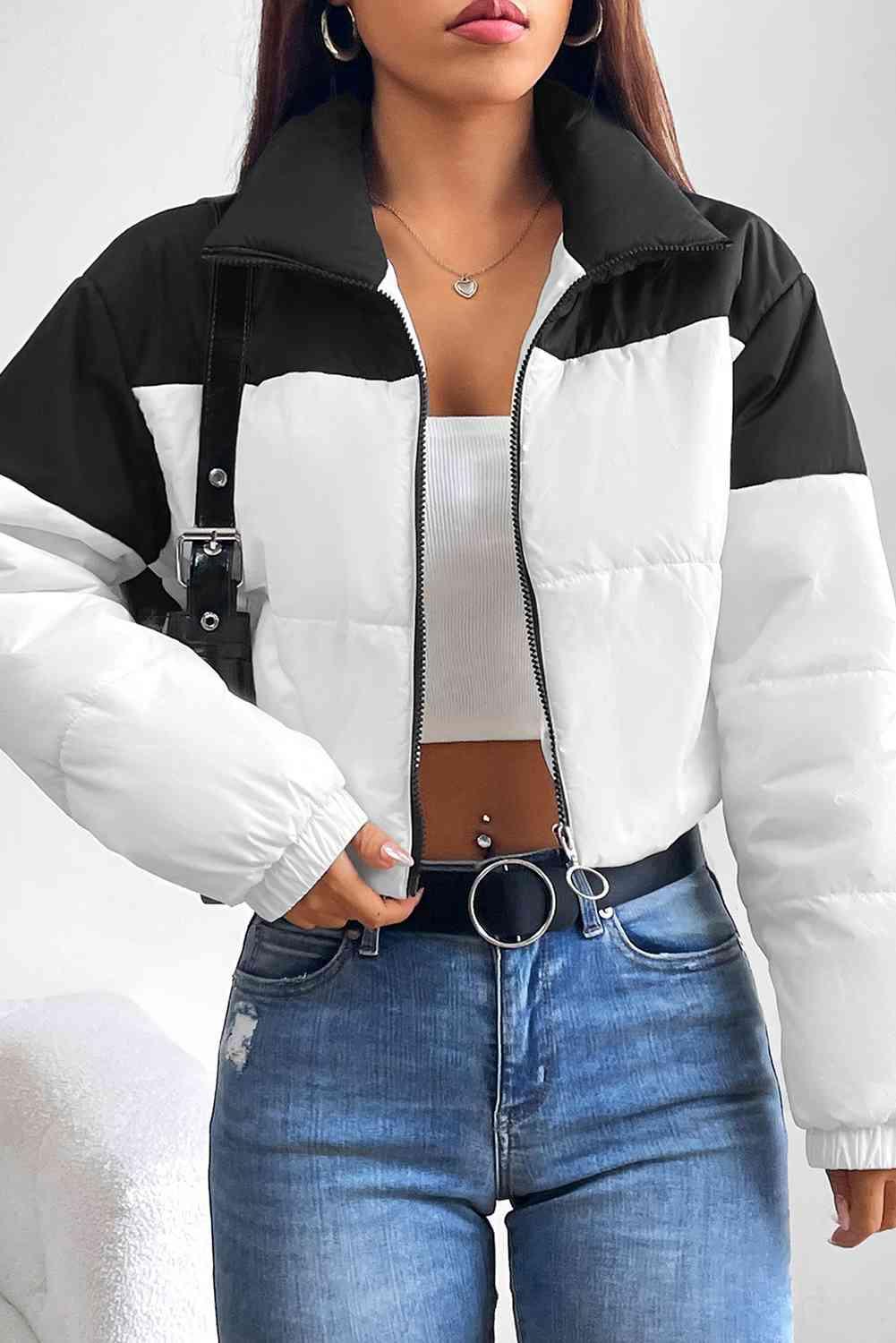 Collared Neck Color Block Puffer Jacket - Immenzive