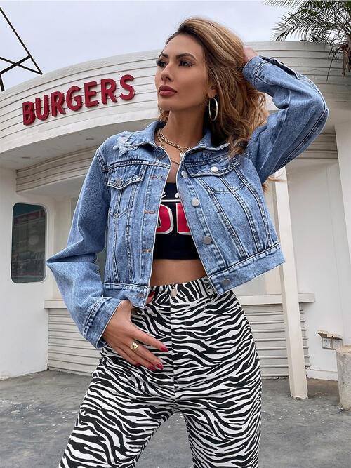 Collared Neck Cropped Denim Jacket - Immenzive