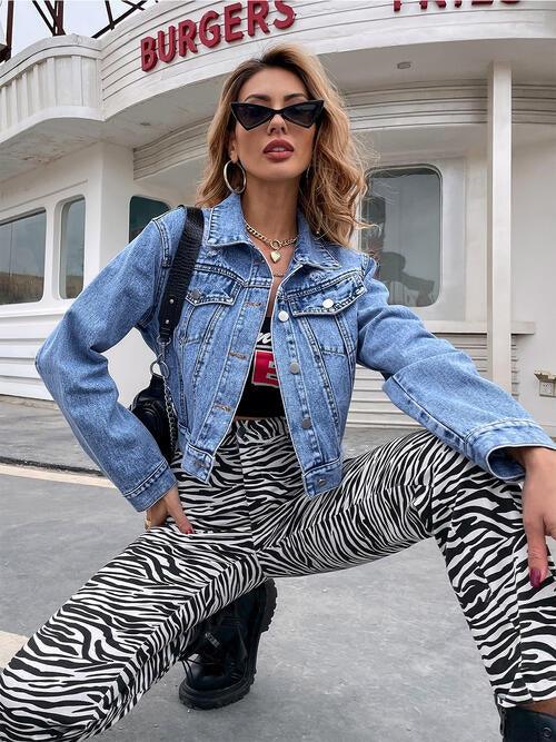 Collared Neck Cropped Denim Jacket - Immenzive