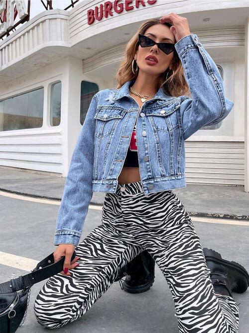 Collared Neck Cropped Denim Jacket - Immenzive