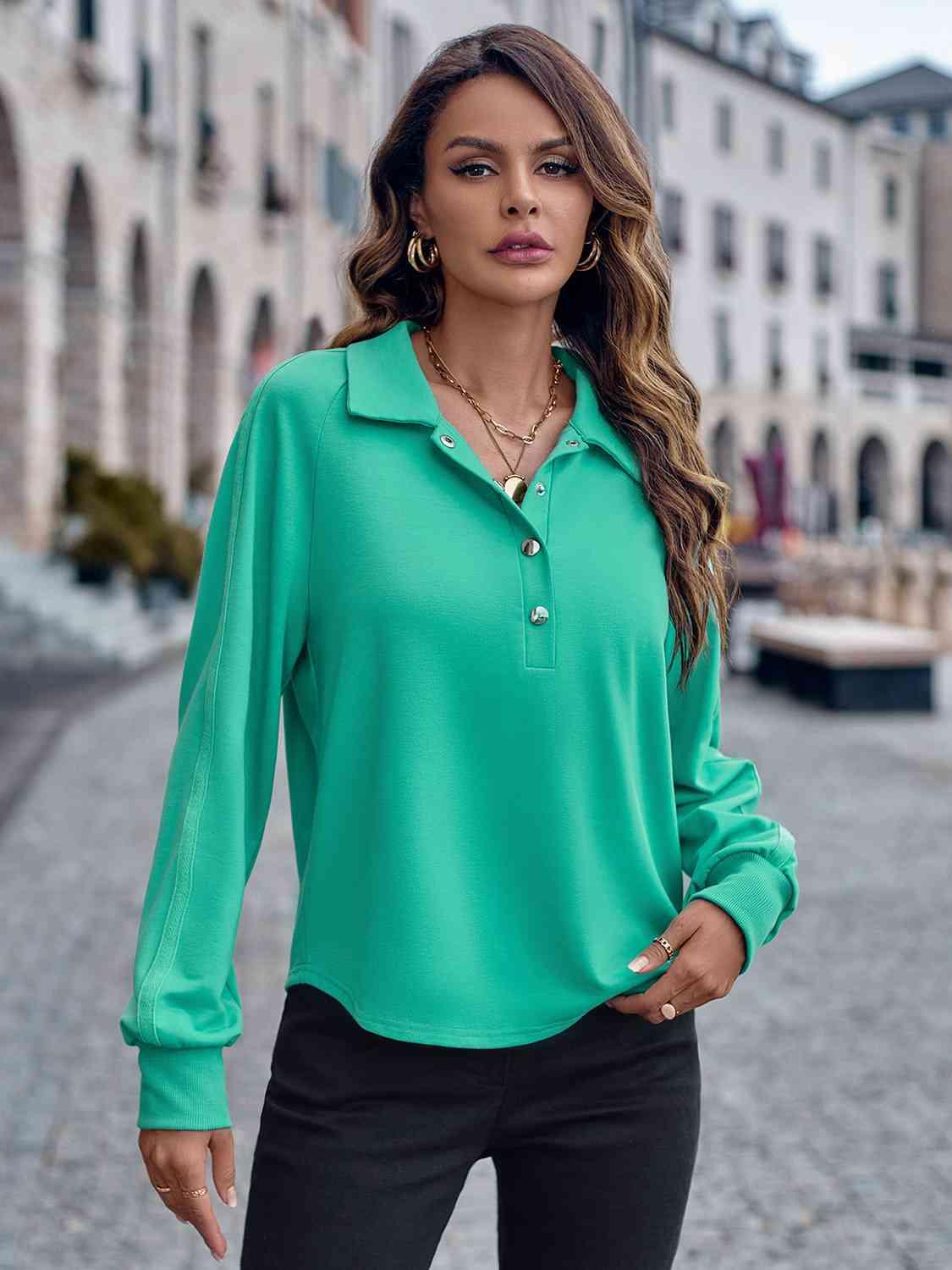 Collared Neck Raglan Sleeve Buttoned Blouse - Immenzive