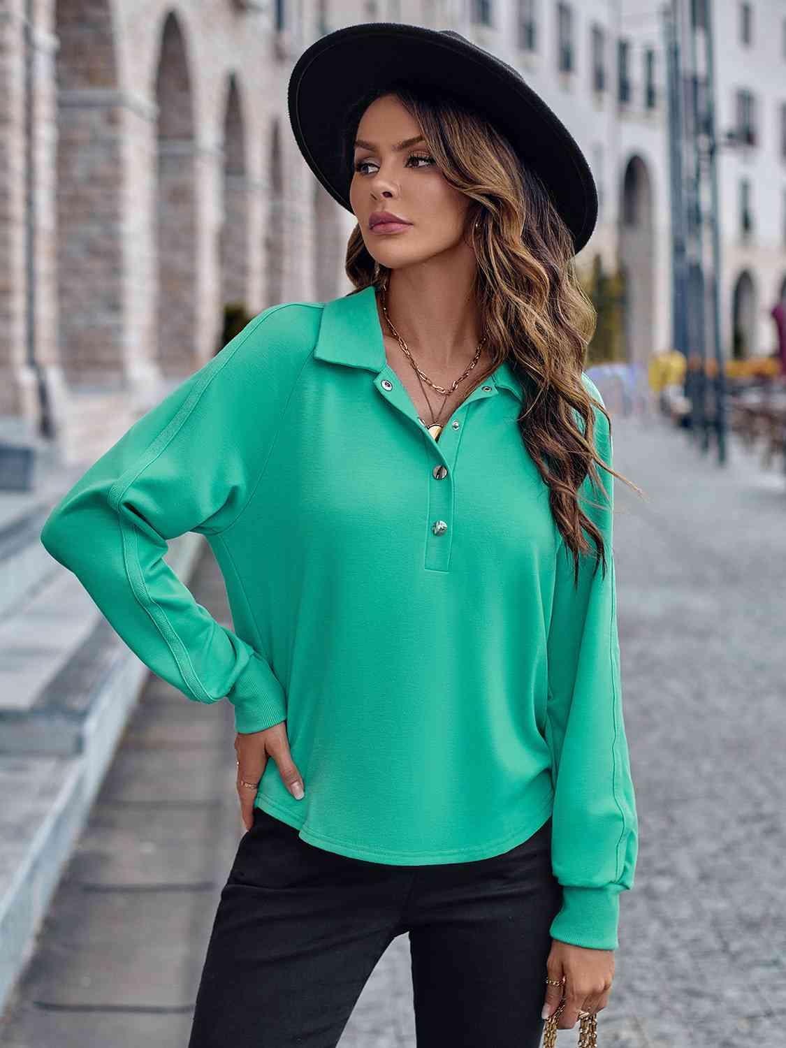 Collared Neck Raglan Sleeve Buttoned Blouse - Immenzive