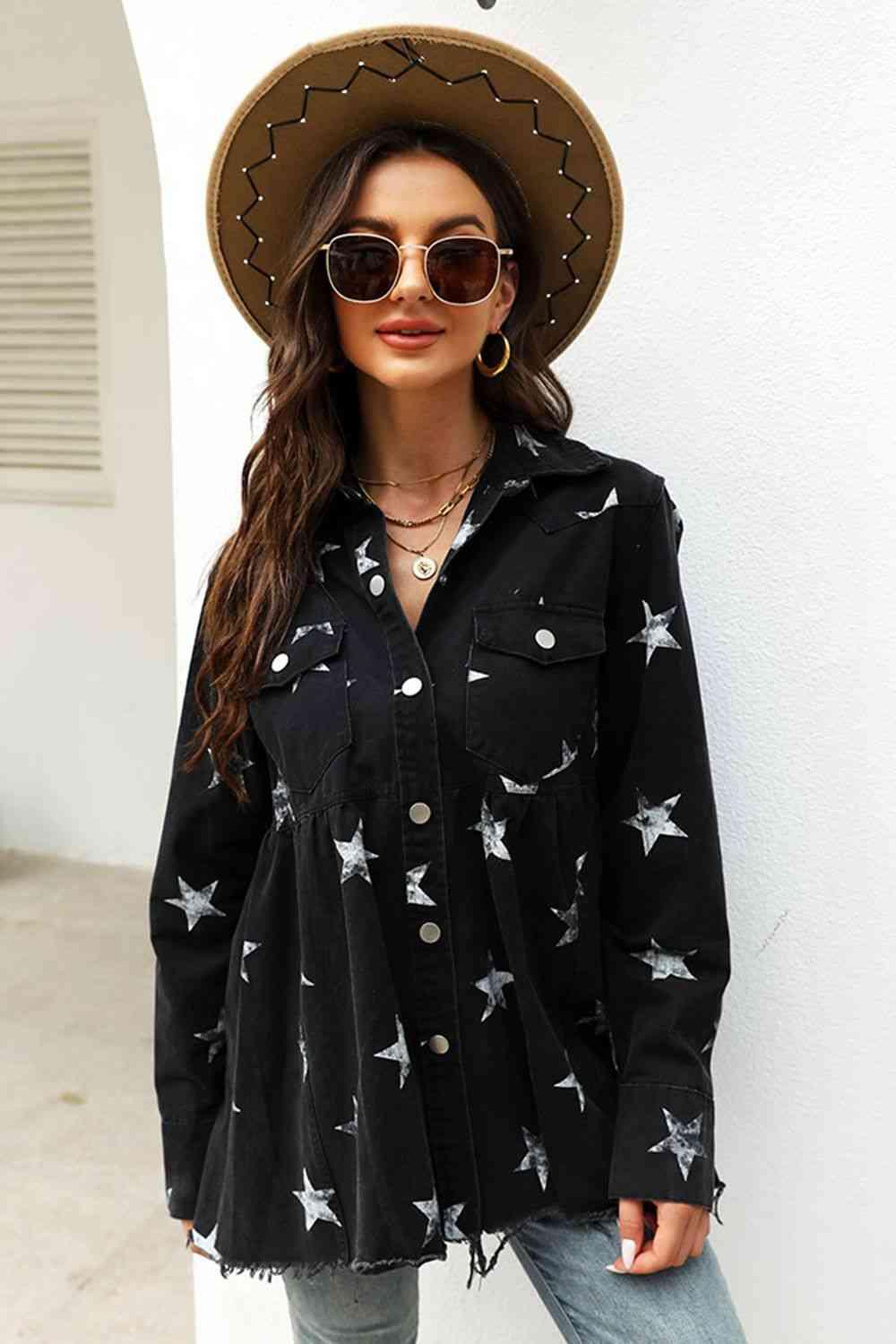 Collared Neck Star Print Long Sleeve Denim Jacket - Immenzive