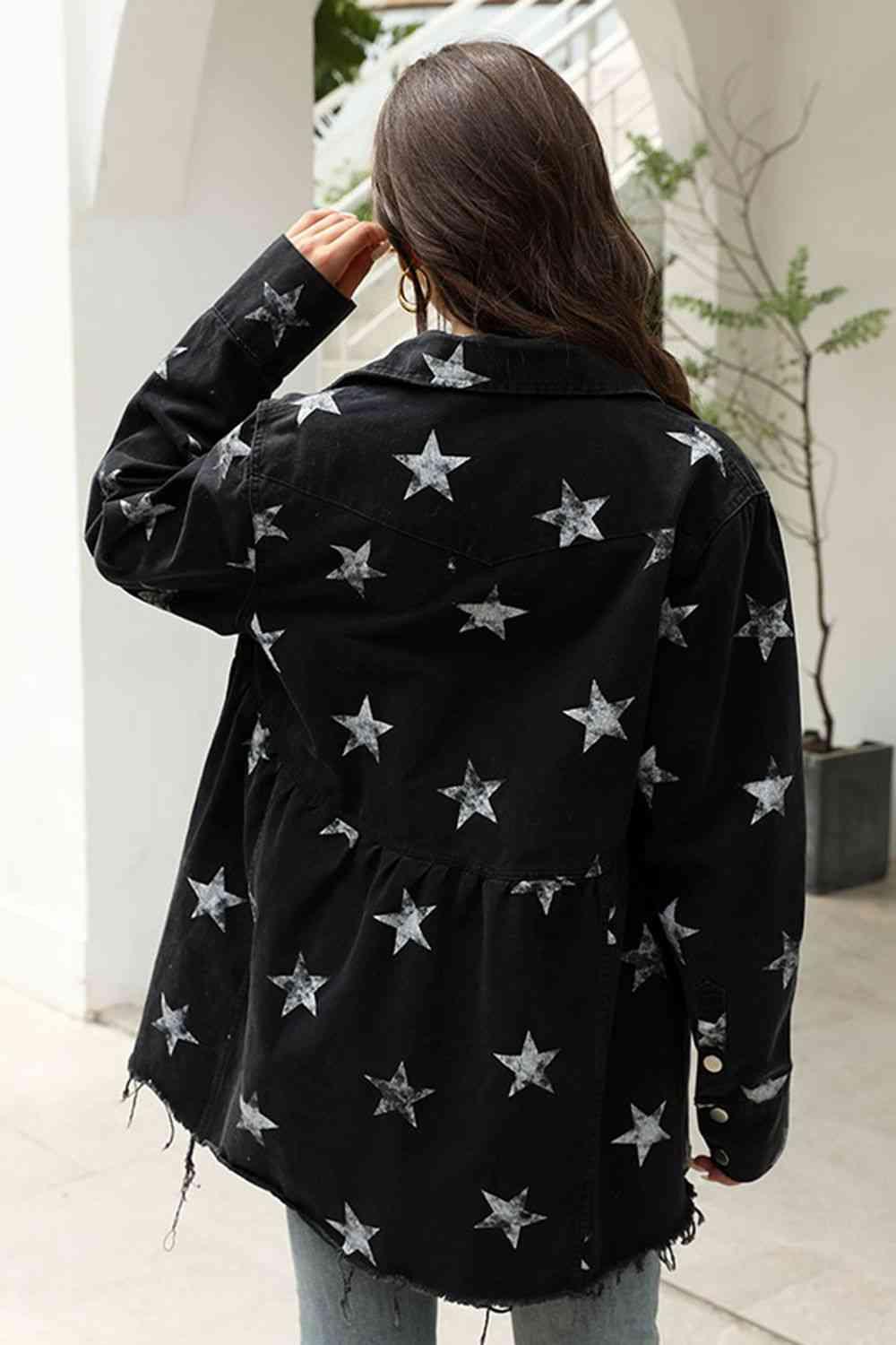 Collared Neck Star Print Long Sleeve Denim Jacket - Immenzive