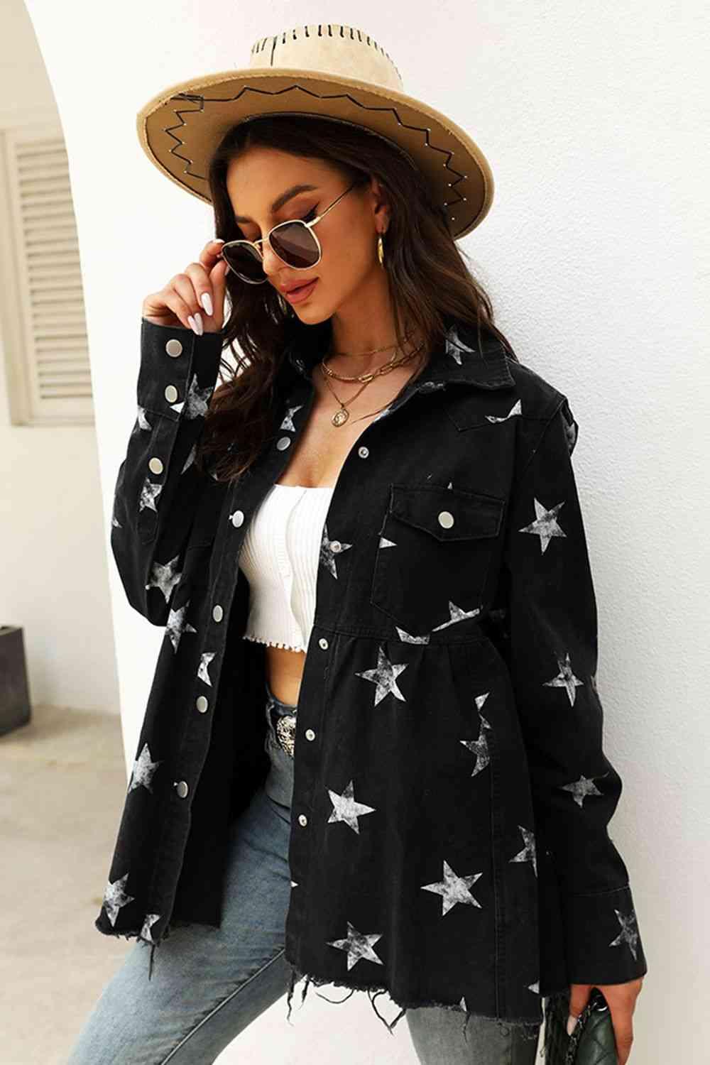 Collared Neck Star Print Long Sleeve Denim Jacket - Immenzive