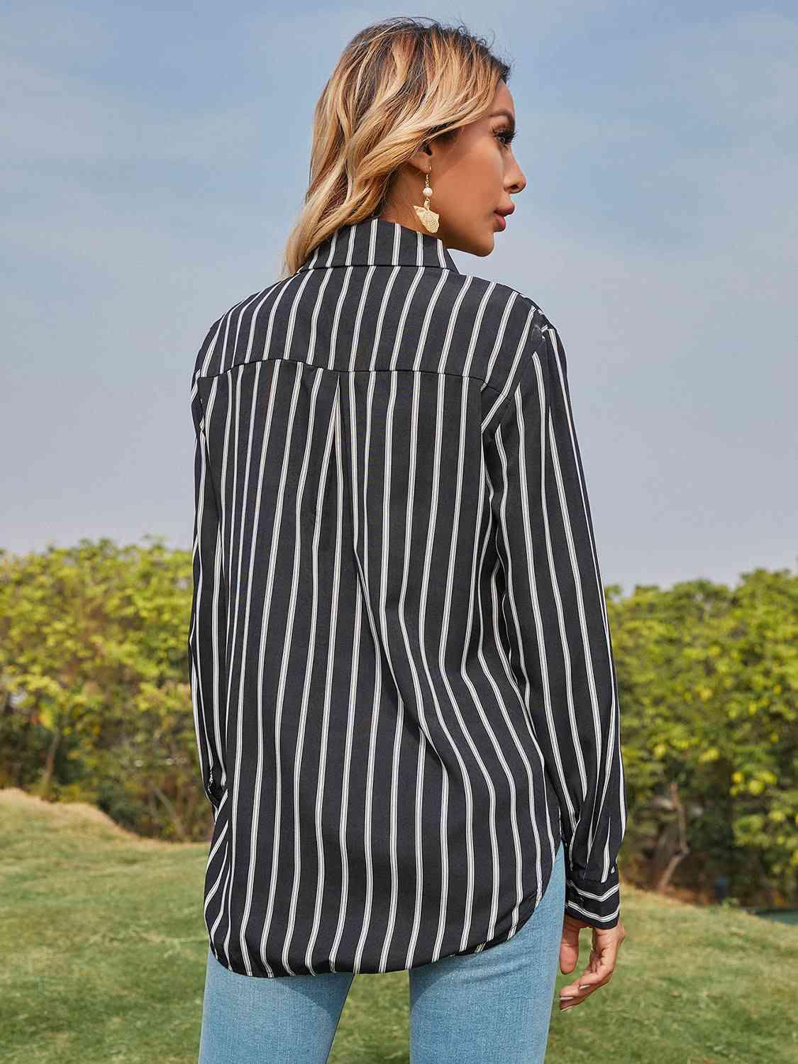 Collared Neck Striped Long Sleeve Shirt - Immenzive