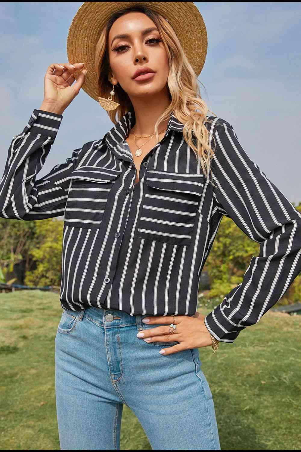 Collared Neck Striped Long Sleeve Shirt - Immenzive