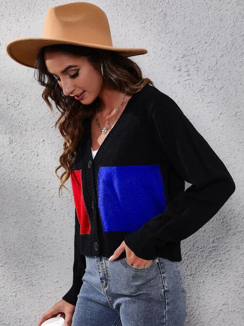 Color Block Button Up Long Sleeve Cardigan - Immenzive