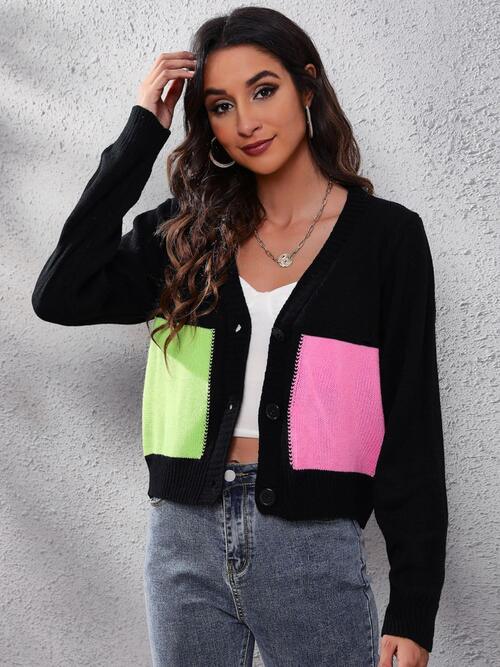 Color Block Button Up Long Sleeve Cardigan - Immenzive