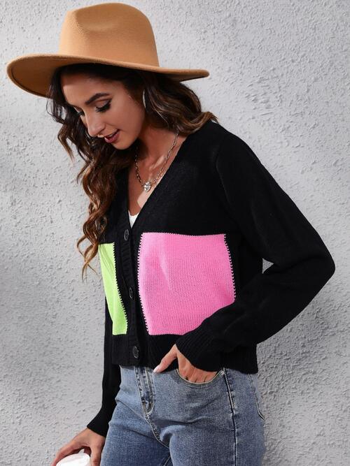Color Block Button Up Long Sleeve Cardigan - Immenzive