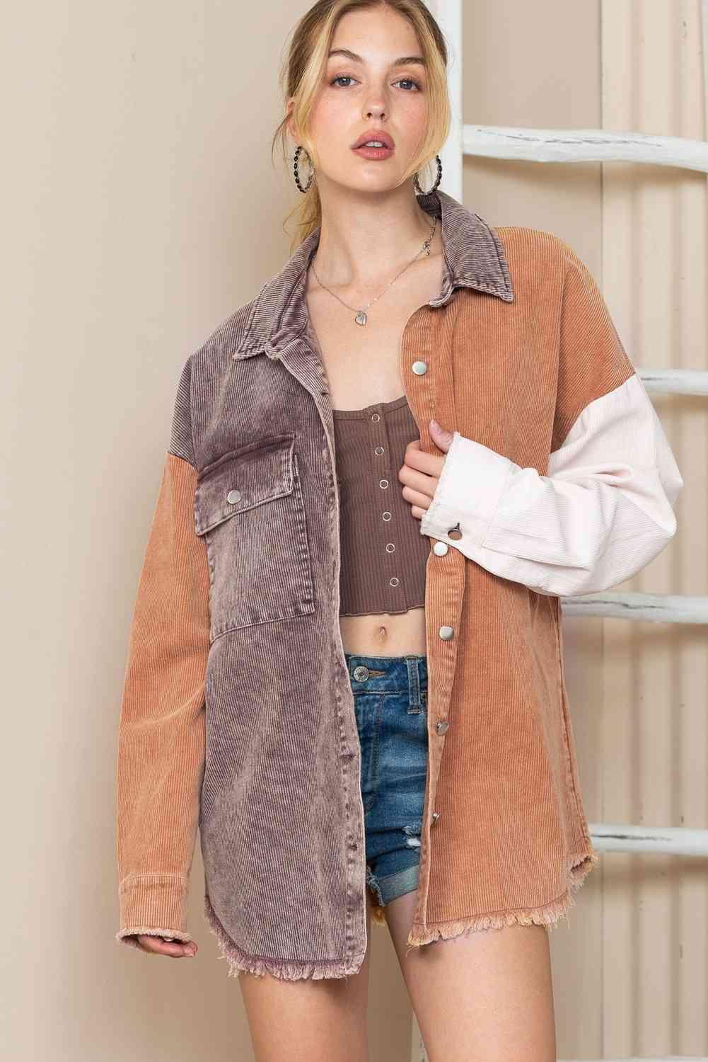 Color Block Collared Neck Jacket - Immenzive