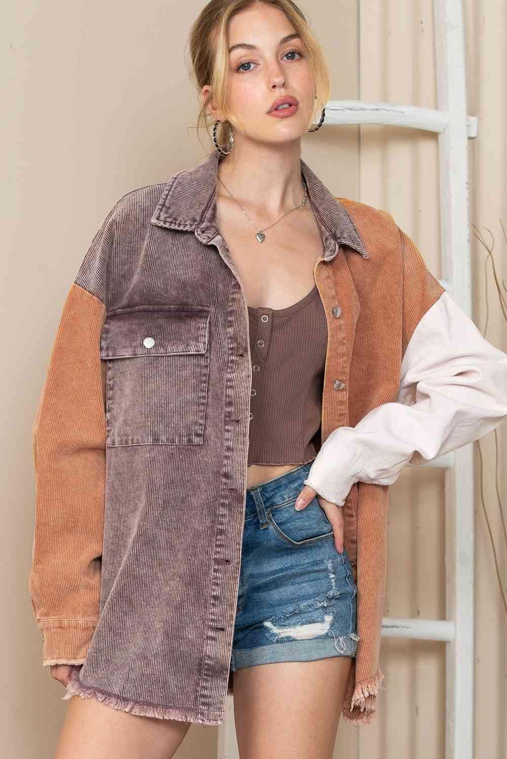 Color Block Collared Neck Jacket - Immenzive
