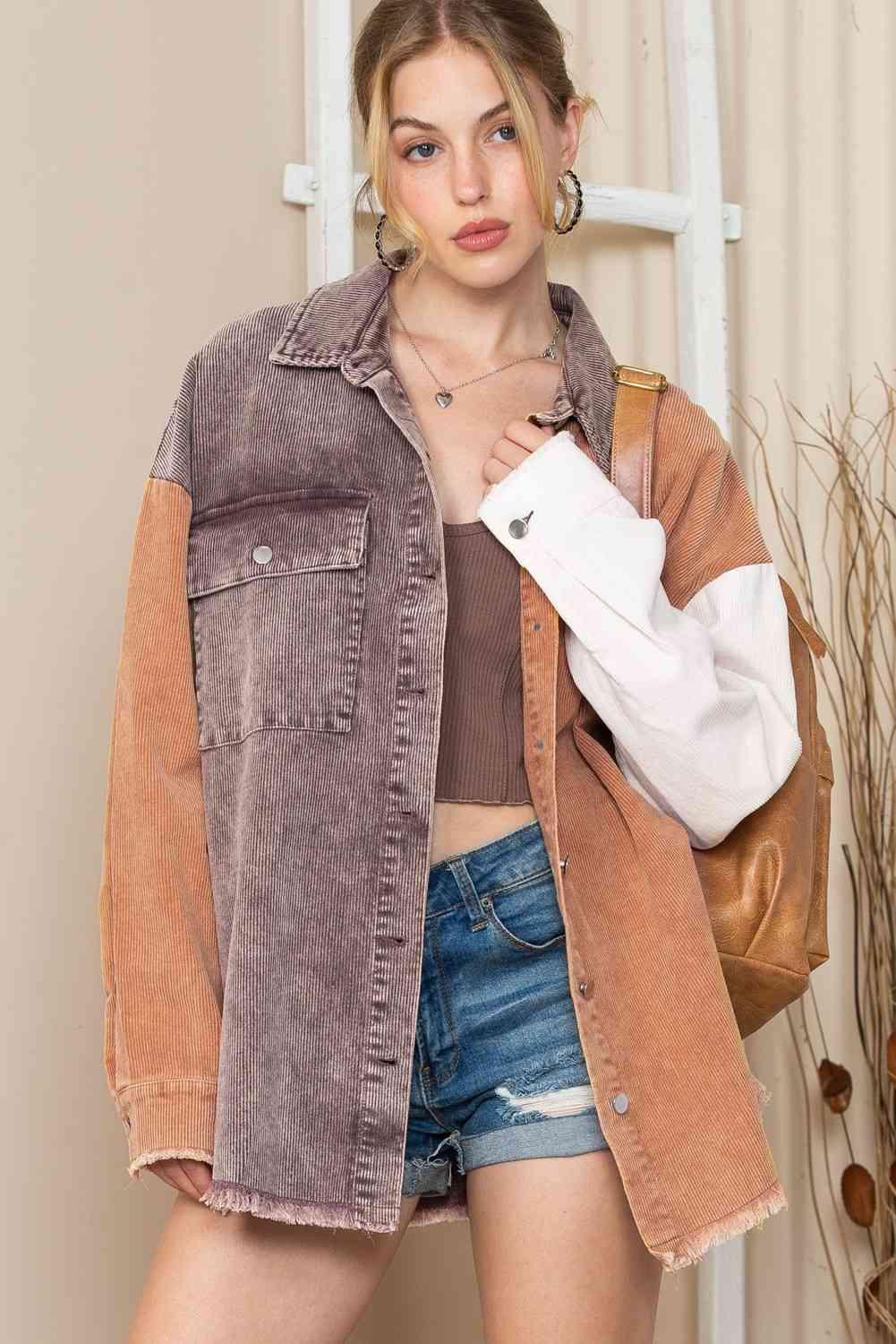 Color Block Collared Neck Jacket - Immenzive