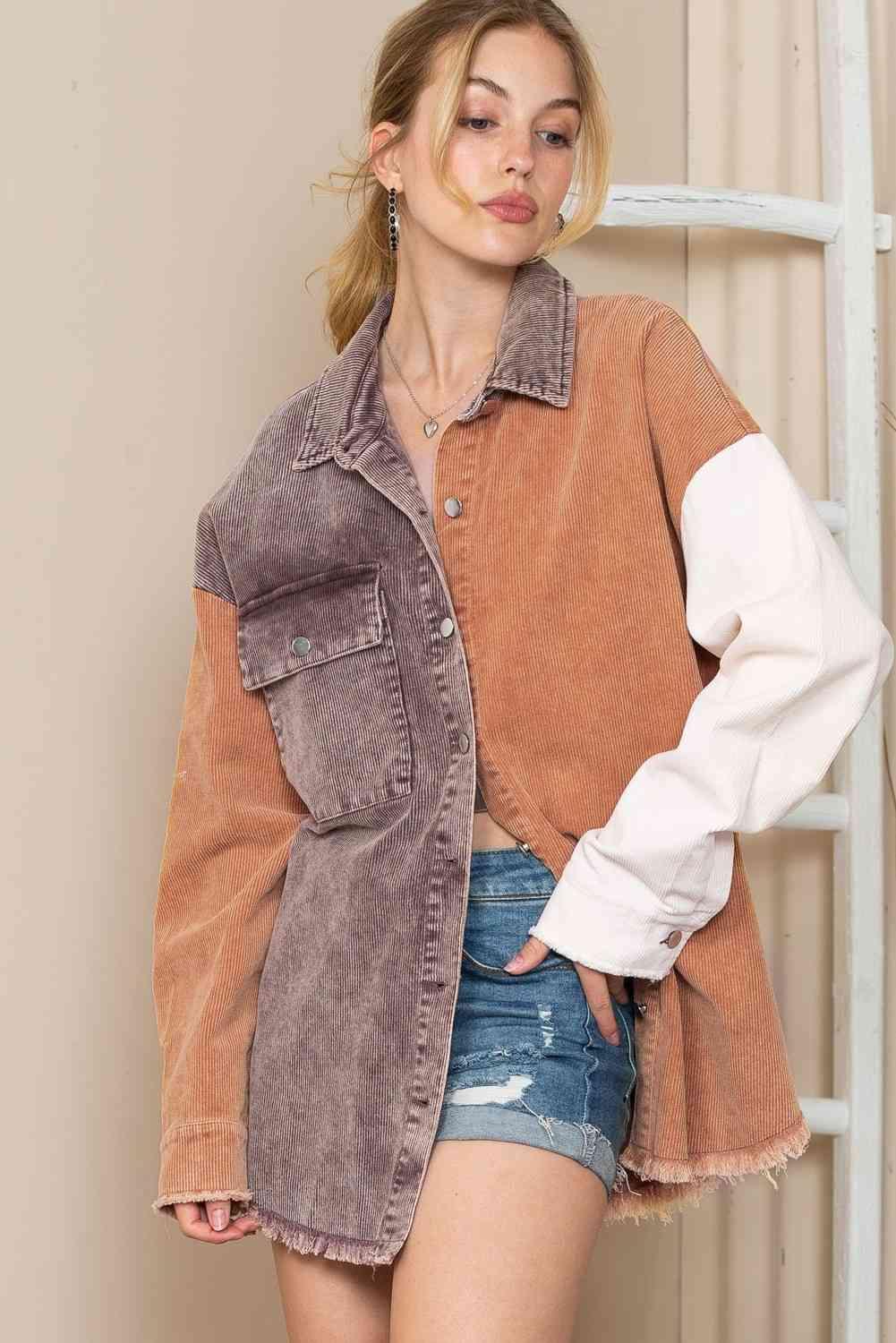 Color Block Collared Neck Jacket - Immenzive