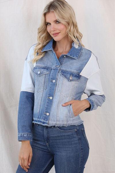 Color Block Distressed Button Up Denim Jacket - Immenzive