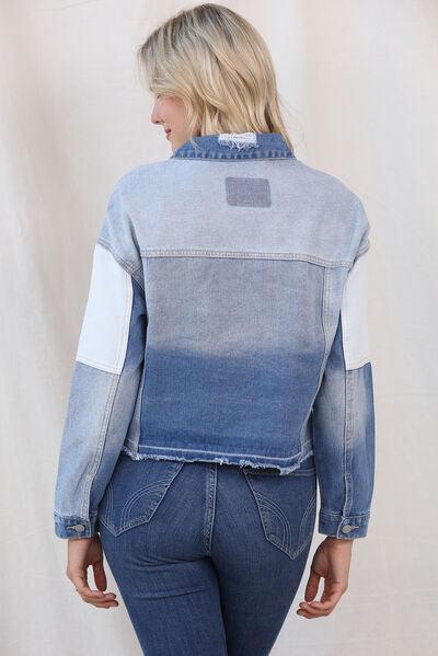 Color Block Distressed Button Up Denim Jacket - Immenzive