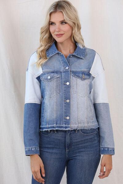 Color Block Distressed Button Up Denim Jacket - Immenzive