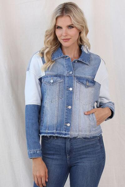 Color Block Distressed Button Up Denim Jacket - Immenzive