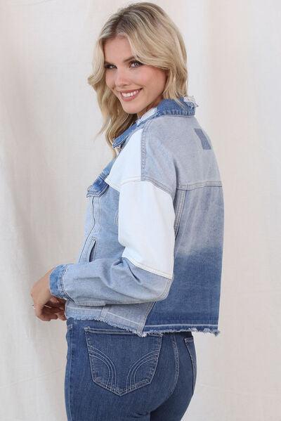 Color Block Distressed Button Up Denim Jacket - Immenzive